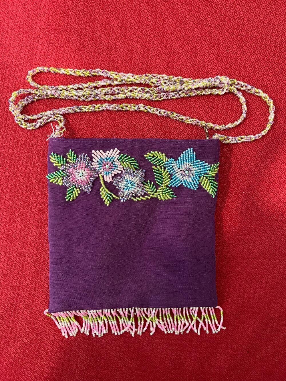 Vintage ERMO Purple Silk Beaded Floral Crossbody Bag Evening Fringe Pouch Boho